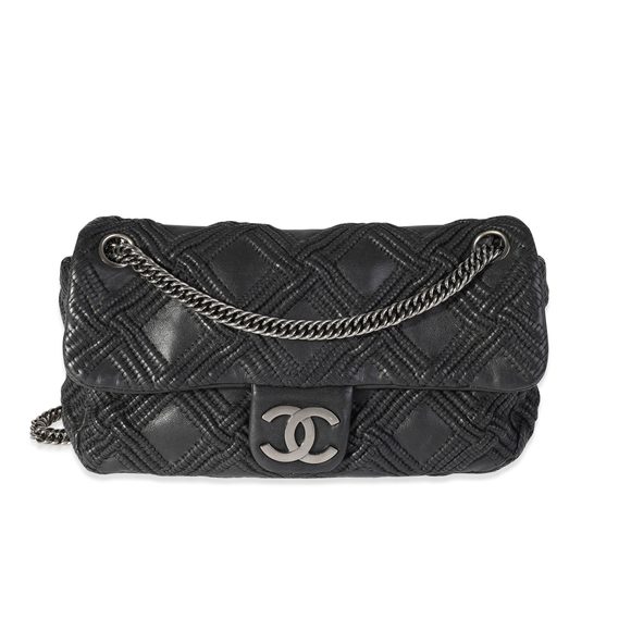 Chanel Black Woven Grid Leather Single Flap Bag - Picture 1 of 6